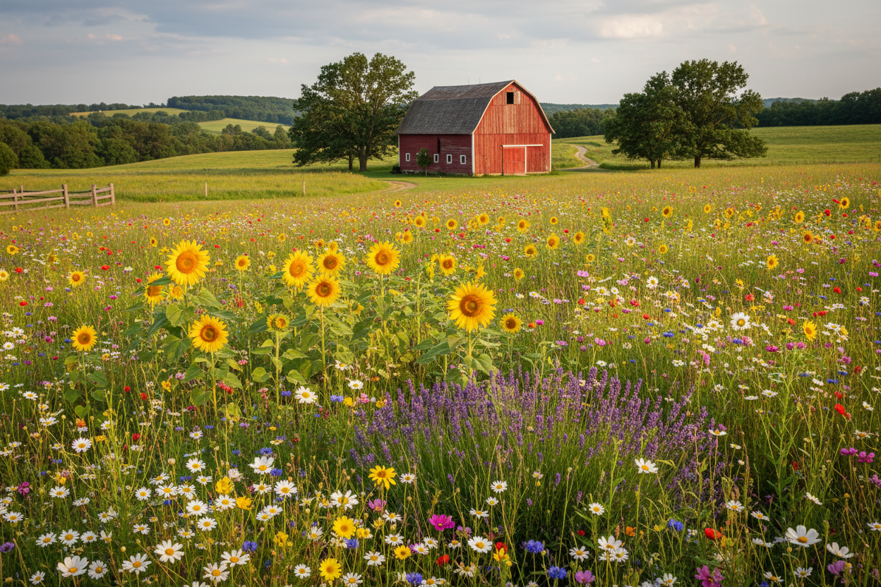 a field of flowers with a barn 